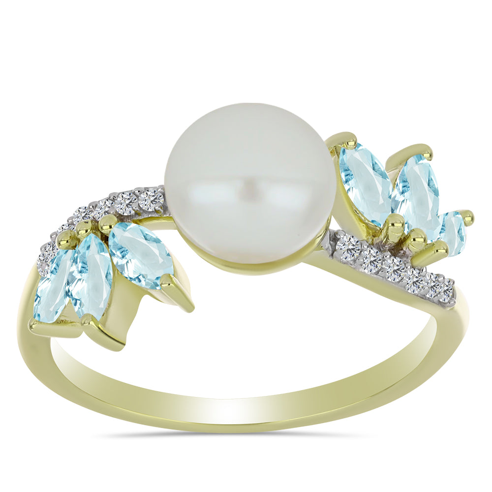 Anillo de Plata Bañada en Oro con Perla blanca de agua dulce y Aguamarina 3 