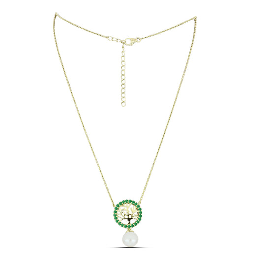 Collar de Plata Bañada en Oro con Perla blanca de agua dulce y Esmeralda de Brasil