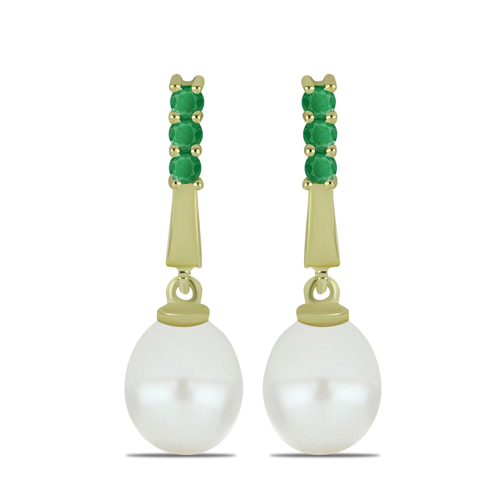 Pendientes de Plata Bañada en Oro con Perla blanca de agua dulce y Esmeralda de Brasil 1 