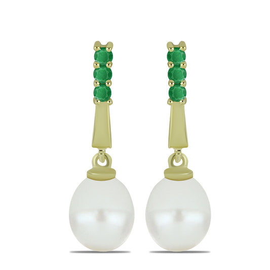 Pendientes de Plata Bañada en Oro con Perla blanca de agua dulce y Esmeralda de Brasil