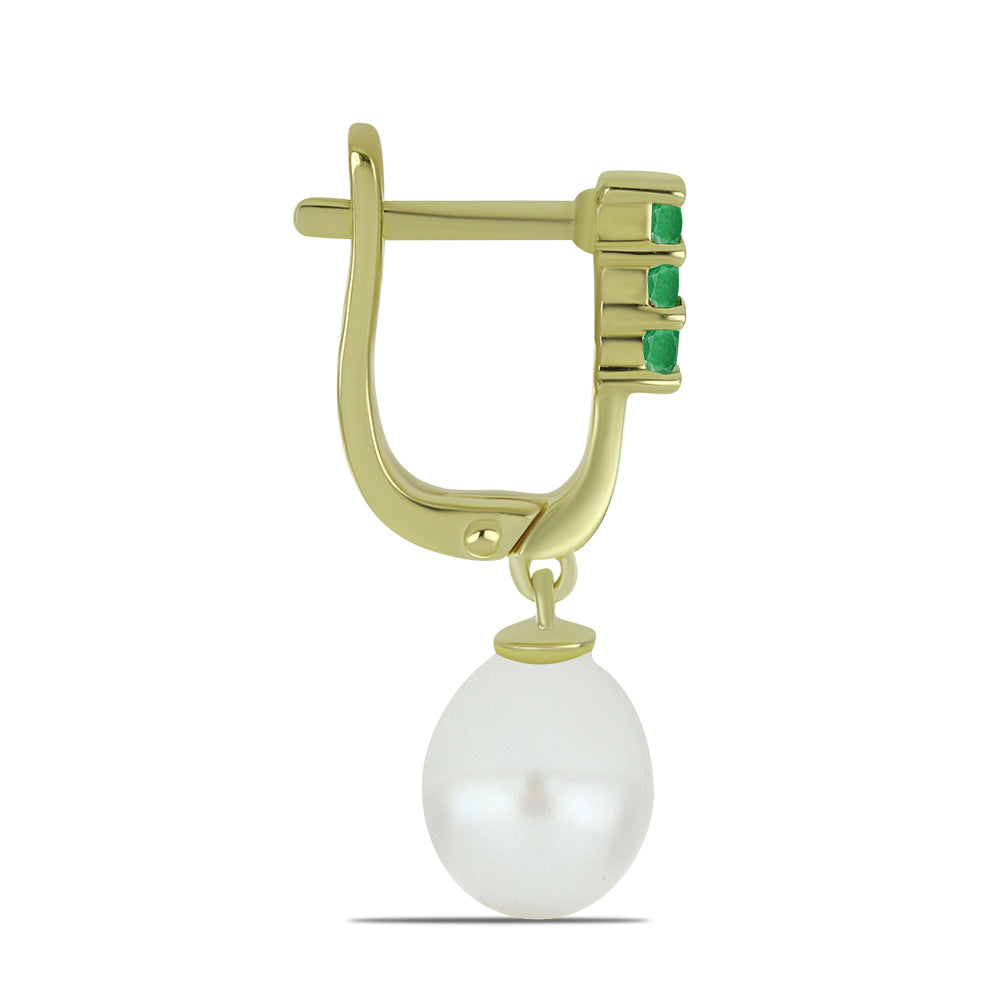 Pendientes de Plata Bañada en Oro con Perla blanca de agua dulce y Esmeralda de Brasil