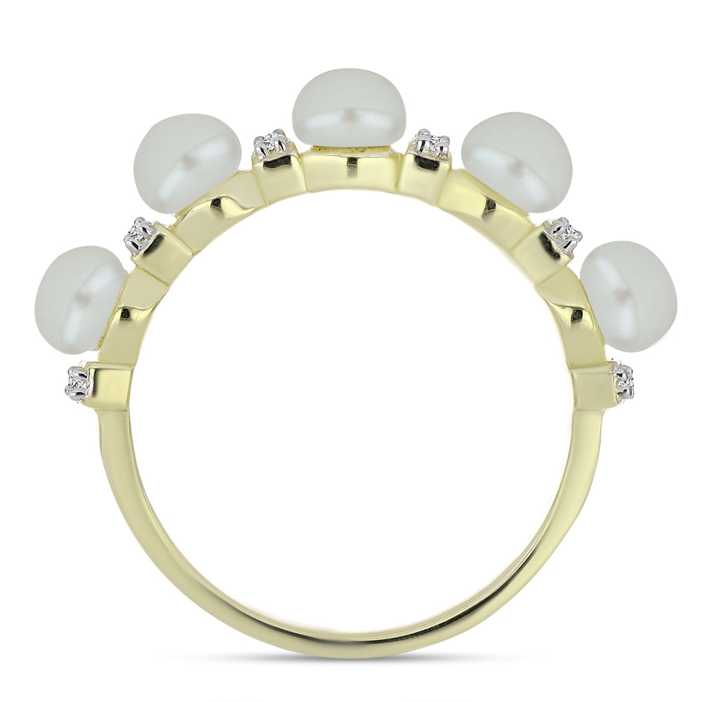 Anillo de Plata Bañada en Oro con Perla blanca de agua dulce y Topacio Blanco 3 