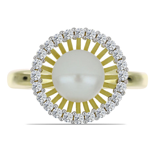 Anillo de Plata Bañada en Oro con Perla blanca de agua dulce y Topacio Blanco