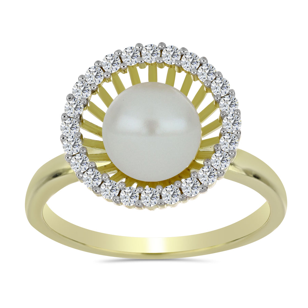 Anillo de Plata Bañada en Oro con Perla blanca de agua dulce y Topacio Blanco 3 