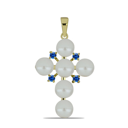 Cruz Colgante de Plata Bañada en Oro con Perla blanca de agua dulce y Zafiro Azul Australiano