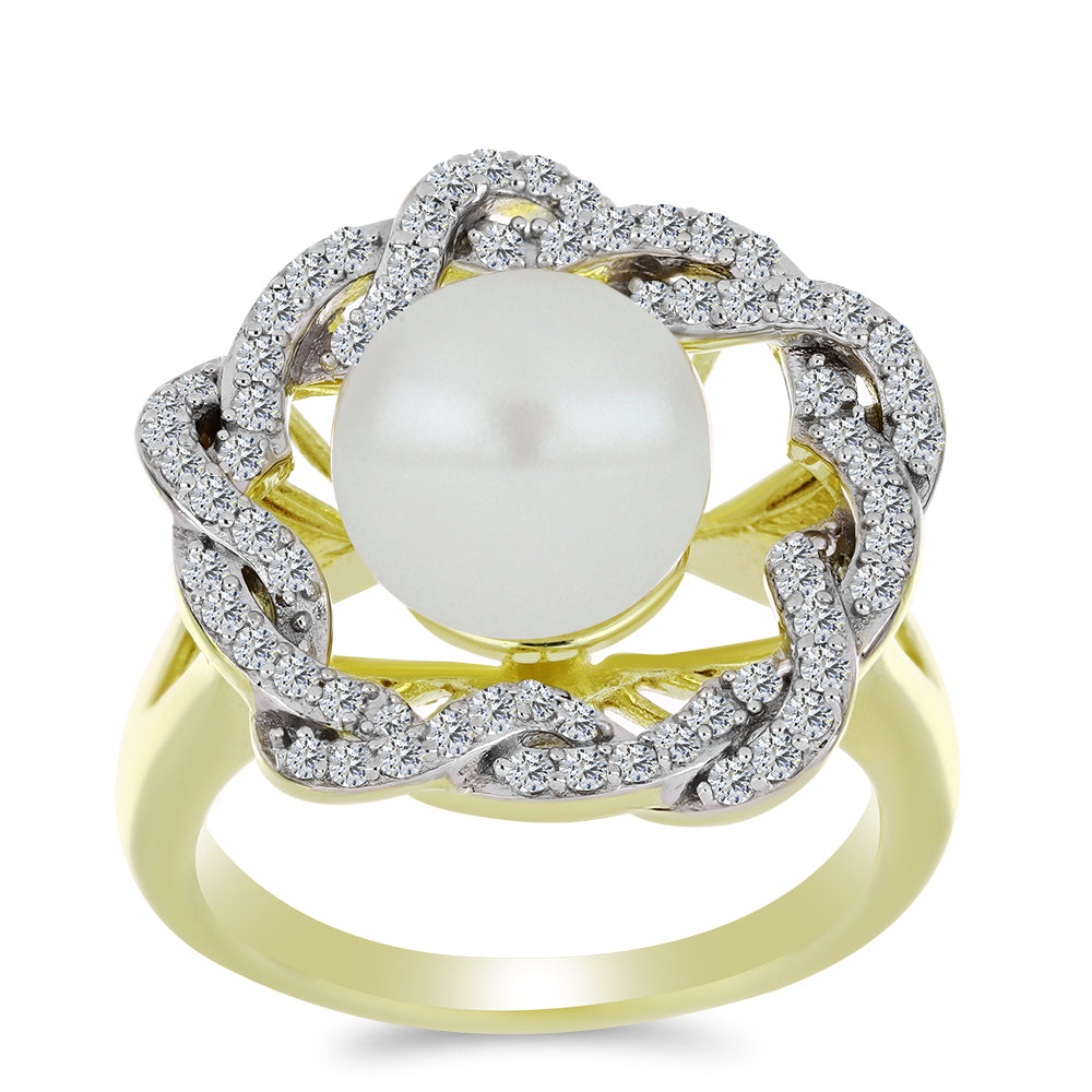 Anillo de Plata Bañada en Oro con Perla blanca de agua dulce y Topacio Blanco 3 