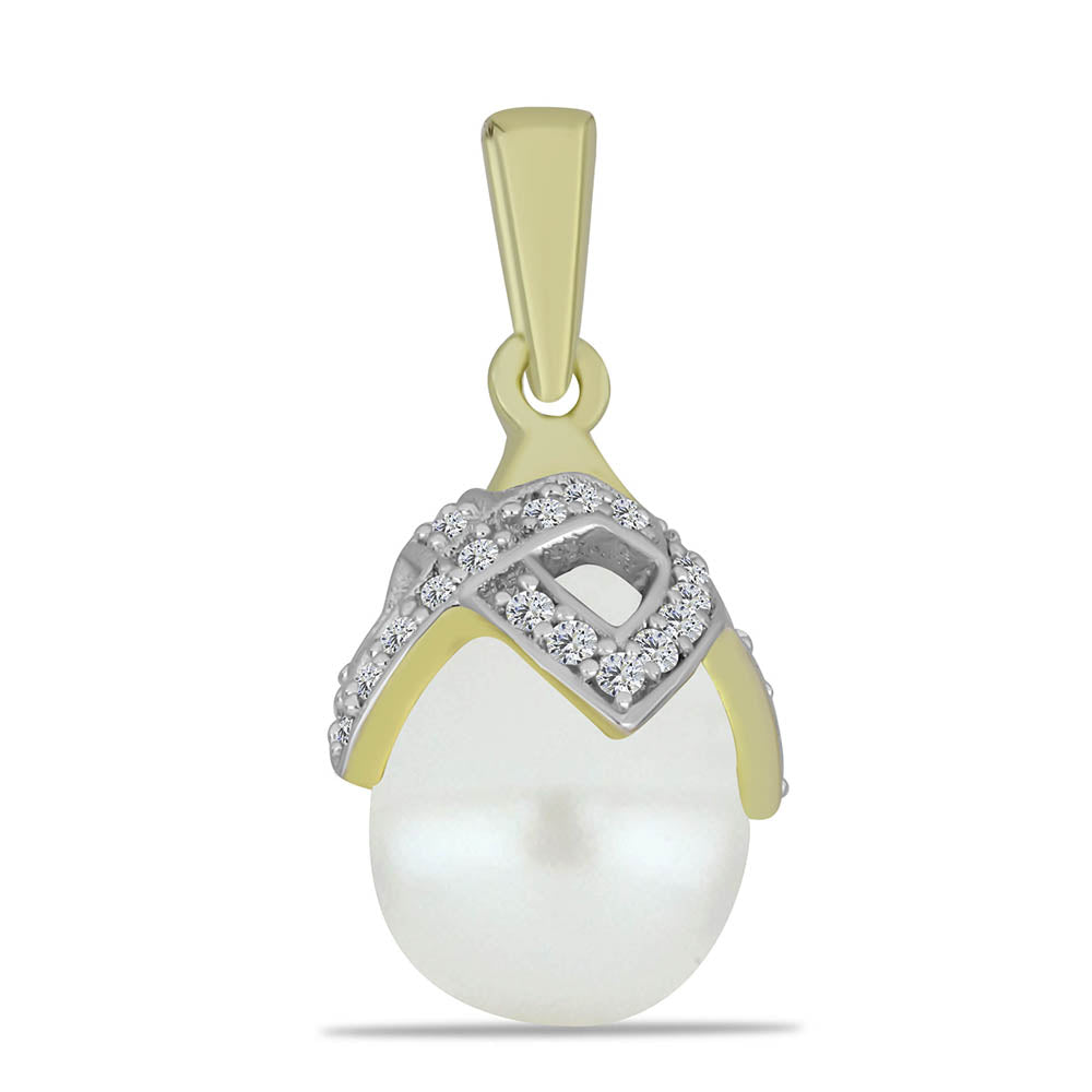 Colgante de Plata Bañada en Oro con Perla blanca de agua dulce y Topacio Blanco