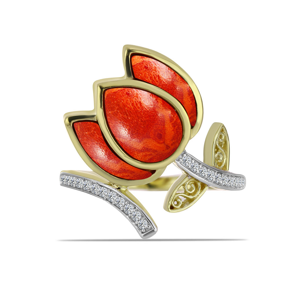 Anillo de Plata Bañada en Oro con Coral de Esponja Roja y Topacio Blanco 1 