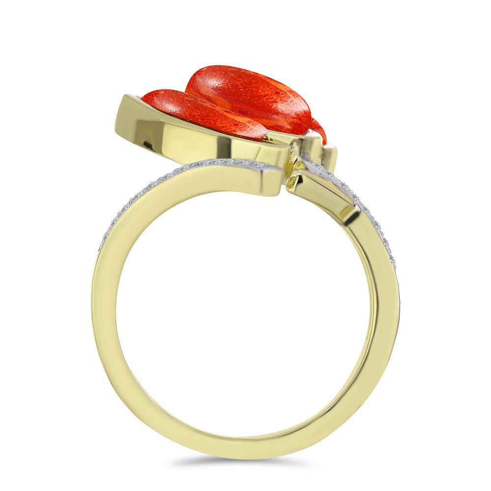 Anillo de Plata Bañada en Oro con Coral de Esponja Roja y Topacio Blanco 2 