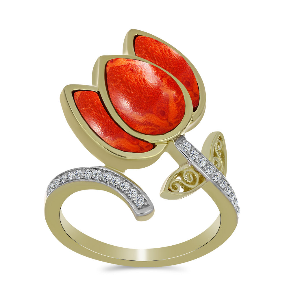 Anillo de Plata Bañada en Oro con Coral de Esponja Roja y Topacio Blanco 3 