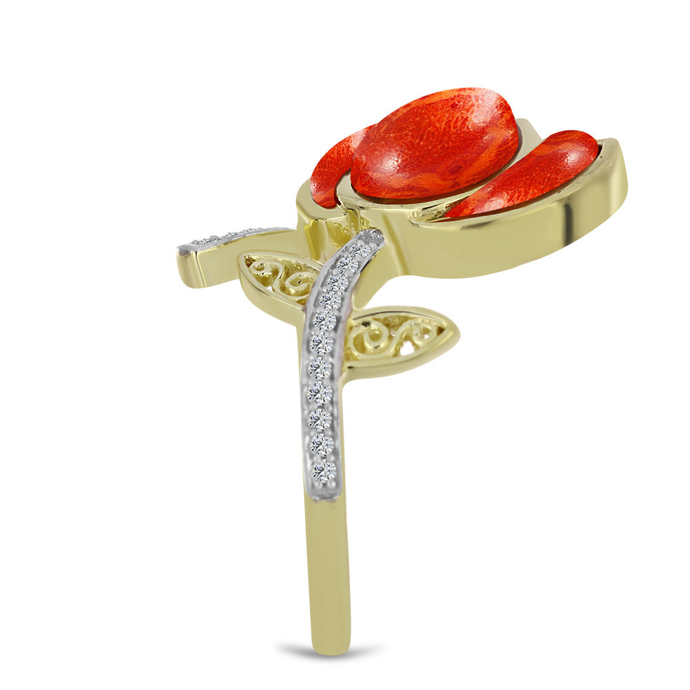 Anillo de Plata Bañada en Oro con Coral de Esponja Roja y Topacio Blanco 4 