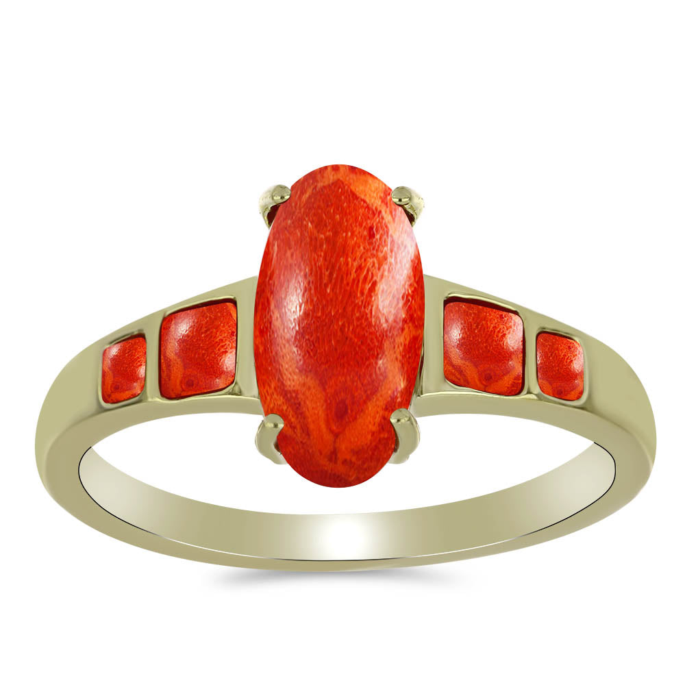 Anillo de Plata Bañada en Oro con Coral de Esponja Roja 3 