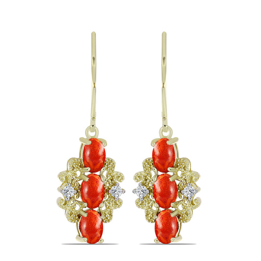 Pendientes de Plata Bañada en Oro con Coral de Esponja Roja y Topacio Blanco