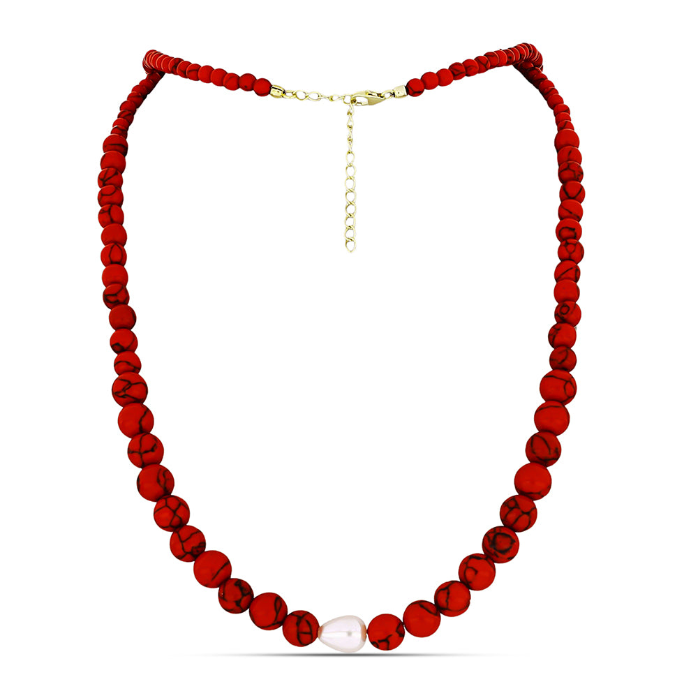 Collar de Plata Bañada en Oro con Coral de Esponja Roja y Perla blanca de agua dulce 1 