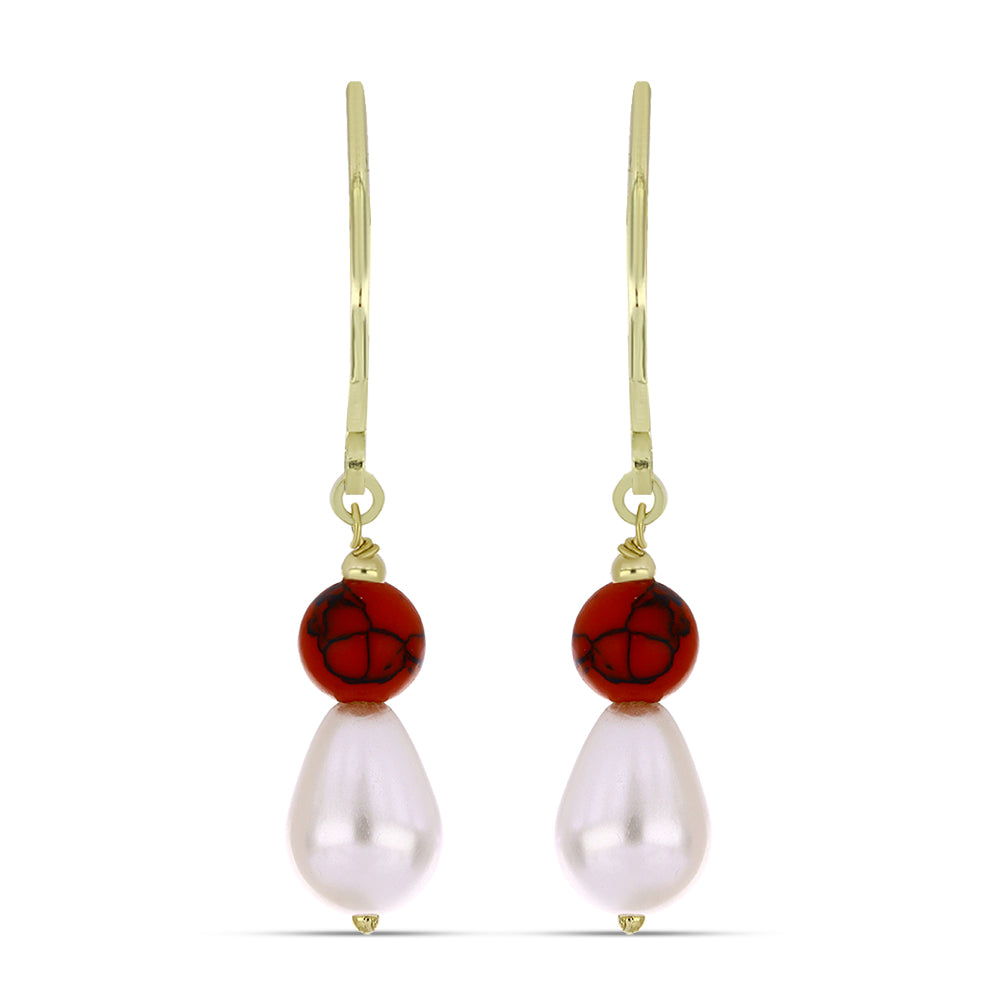 Pendientes de Plata Bañada en Oro con Coral de Esponja Roja y Perla blanca de agua dulce 1 