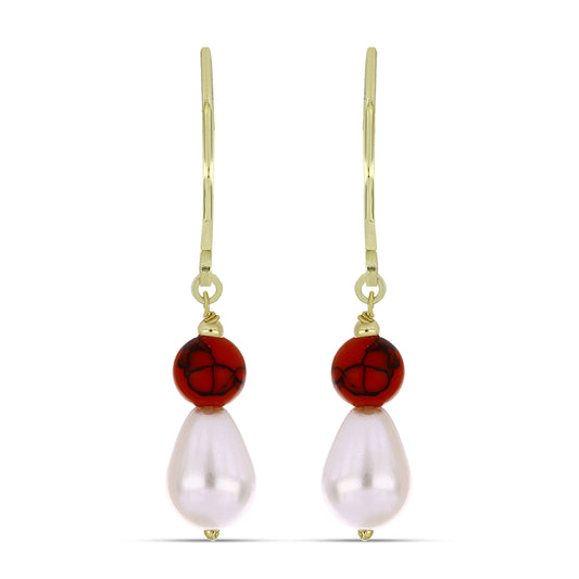 Pendientes de Plata Bañada en Oro con Coral de Esponja Roja y Perla blanca de agua dulce