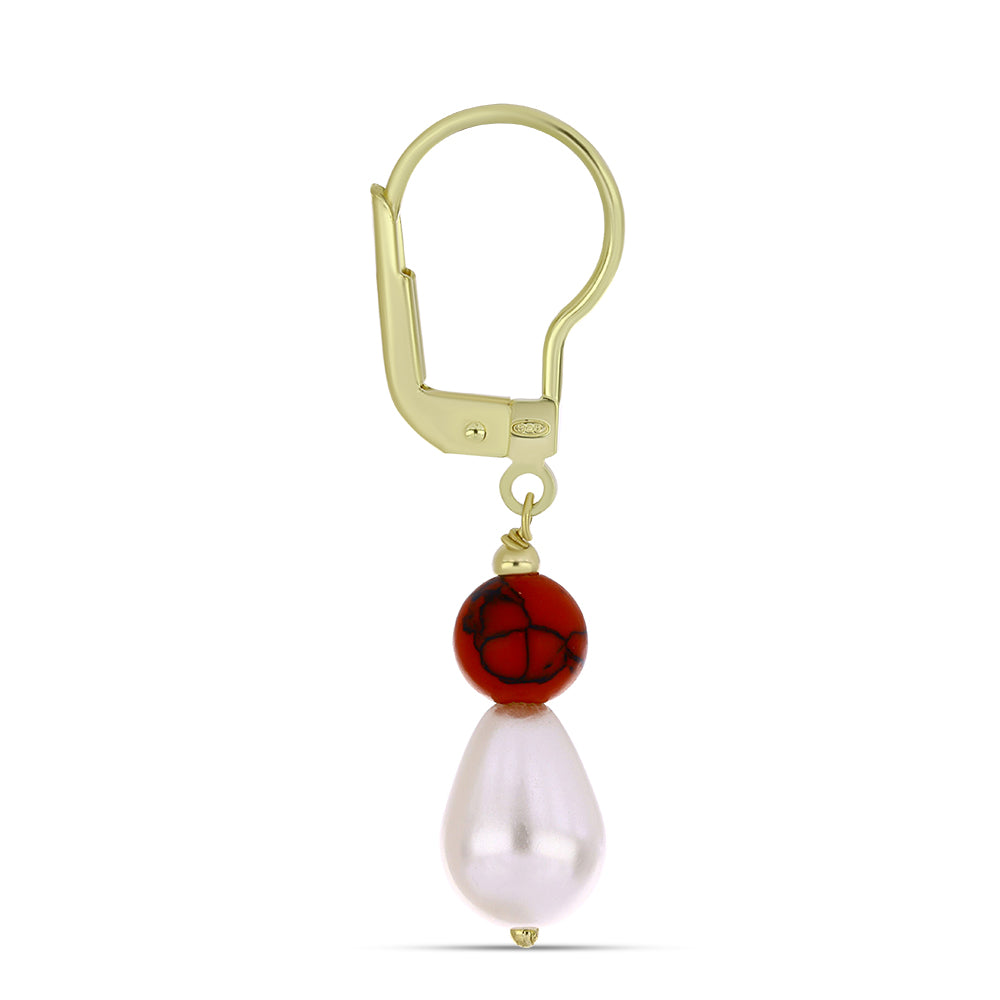 Pendientes de Plata Bañada en Oro con Coral de Esponja Roja y Perla blanca de agua dulce 2 