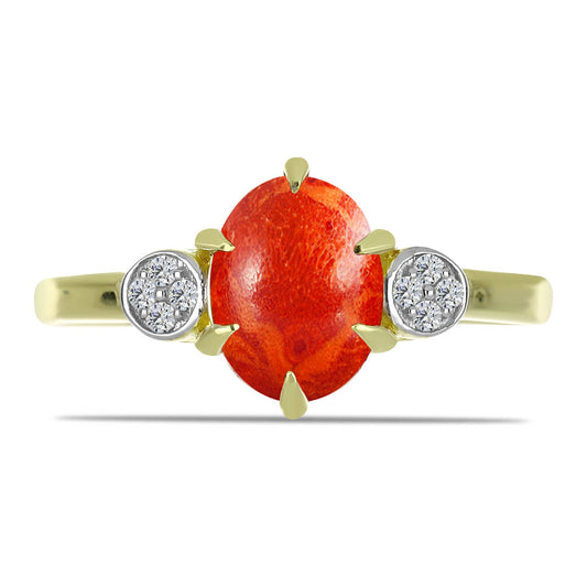 Anillo de Plata Bañada en Oro con Coral de Esponja Roja y Topacio Blanco