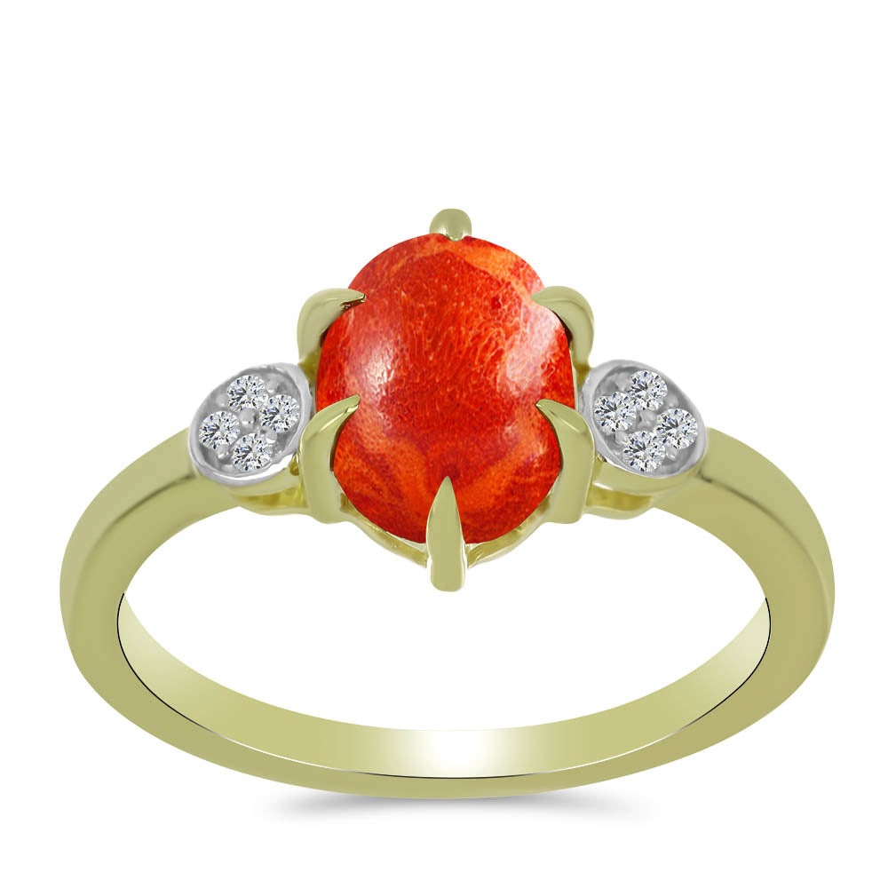 Anillo de Plata Bañada en Oro con Coral de Esponja Roja y Topacio Blanco 3 