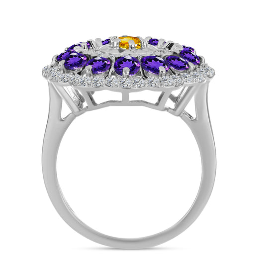 Anillo de Plata con Citrino de los Montes Urales y Amatista de Marruecos