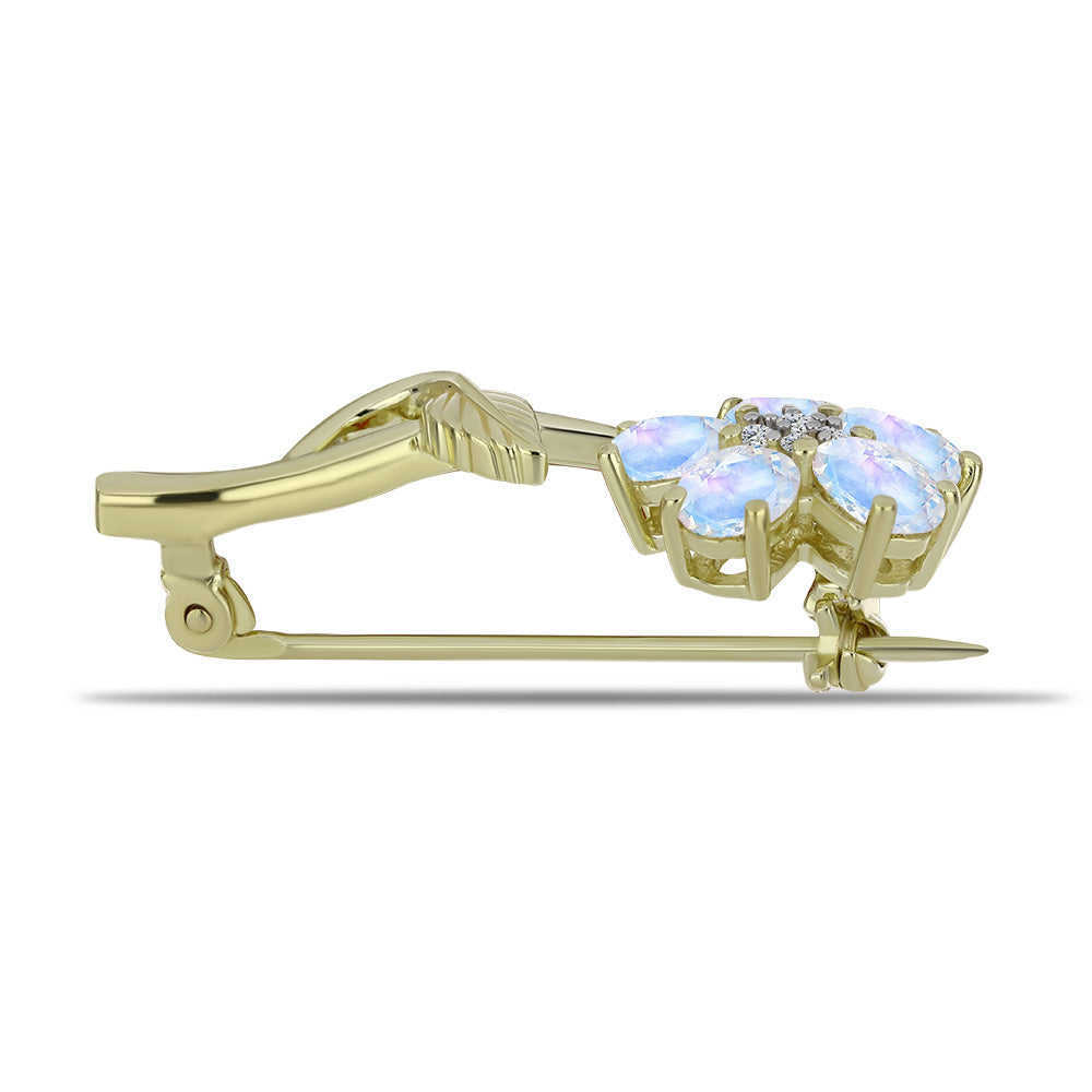 Broche de Plata Bañada en Oro con Piedra Lunar Arco Iris y Topacio Blanco 2 