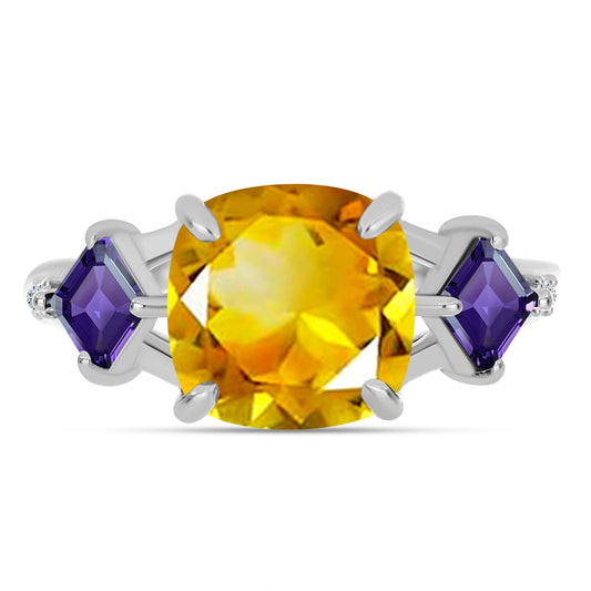 Anillo de Plata con Citrino de los Montes Urales y Amatista de Marruecos
