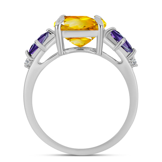 Anillo de Plata con Citrino de los Montes Urales y Amatista de Marruecos