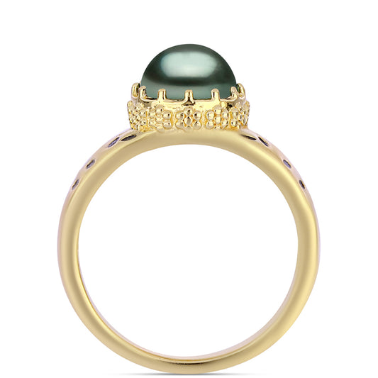 Anillo de Plata Bañada en Oro con Perla de río Tahiti verde ilusión