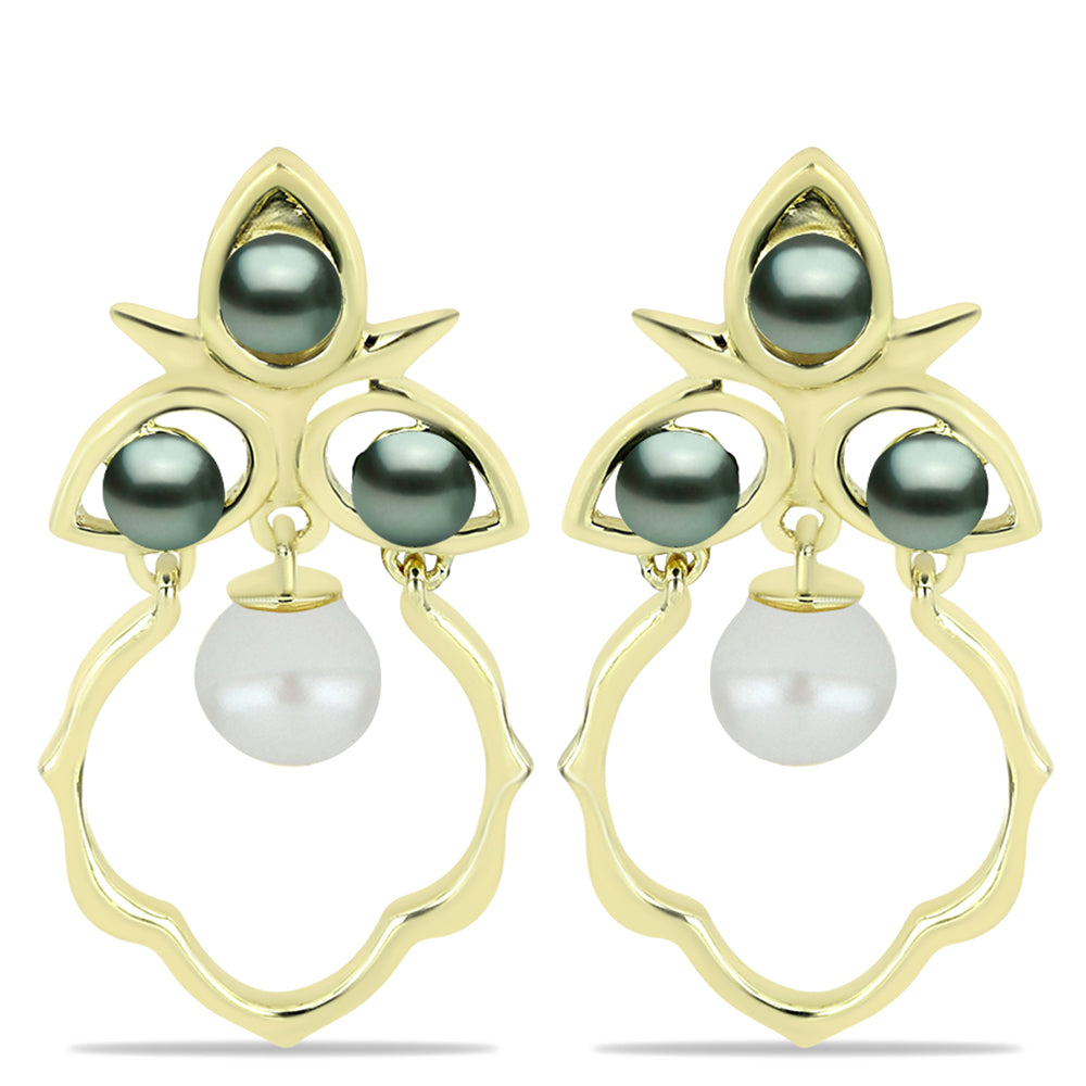 Pendientes de Plata Bañada en Oro con Perla de río Tahiti verde ilusión y Perla de Agua Dulce Blanca