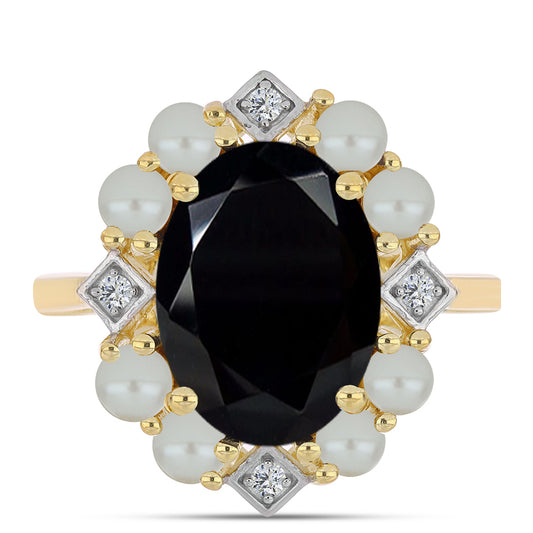 Anillo de Plata Bañada en Oro con Perla de río Tahiti verde ilusión y Ónix Negro