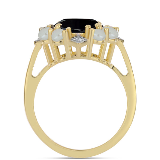 Anillo de Plata Bañada en Oro con Perla de río Tahiti verde ilusión y Ónix Negro