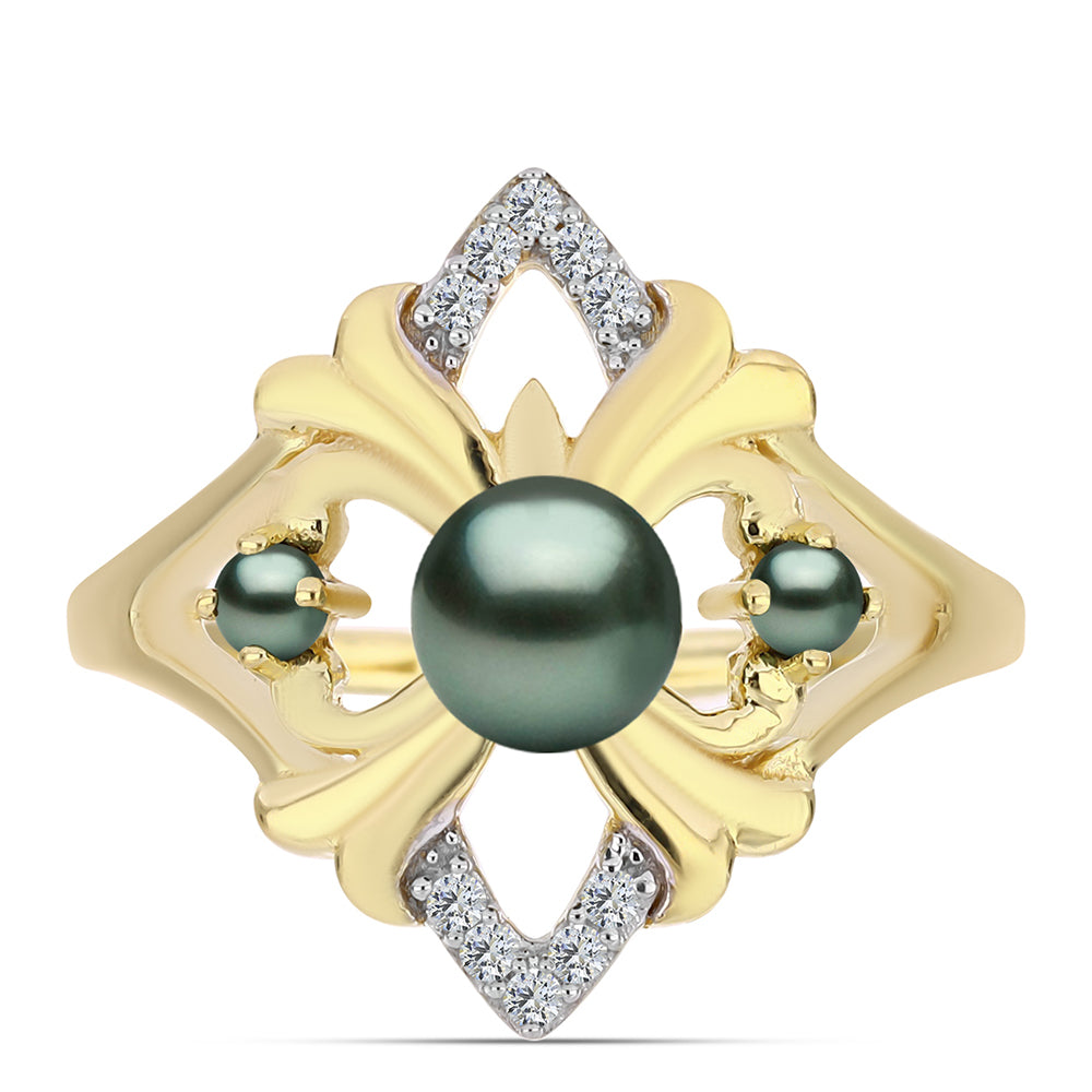 Anillo de Plata Bañada en Oro con Perla de río Tahiti verde ilusión y Topacio Blanco 1 