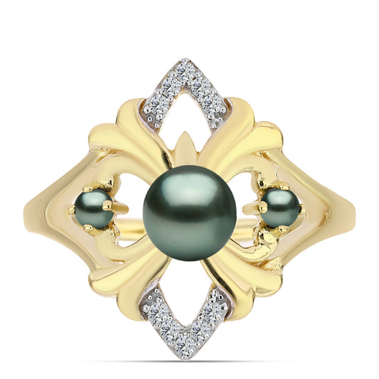 Anillo de Plata Bañada en Oro con Perla de río Tahiti verde ilusión y Topacio Blanco