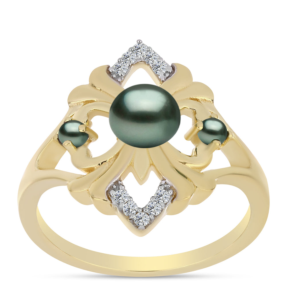 Anillo de Plata Bañada en Oro con Perla de río Tahiti verde ilusión y Topacio Blanco
