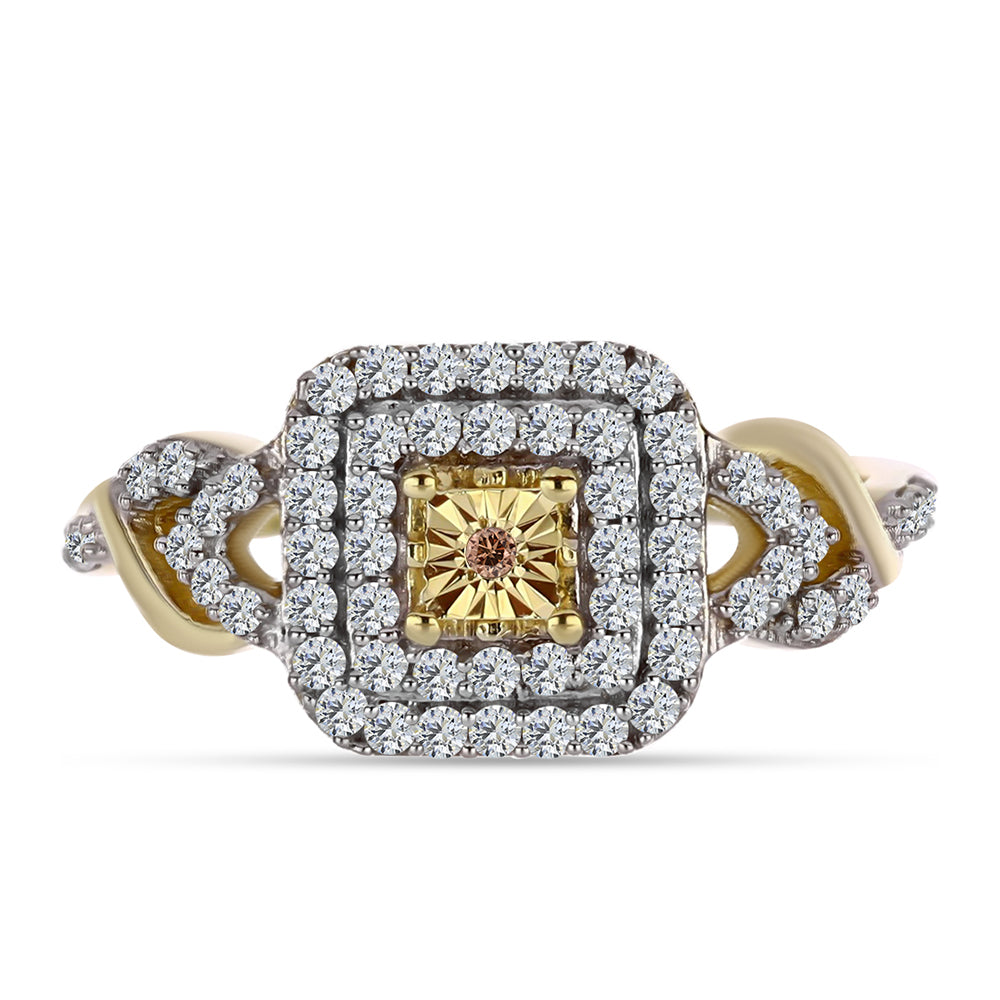 Anillo de Plata Bañada en Oro con Diamante Cognac y Topacio Blanco 1 