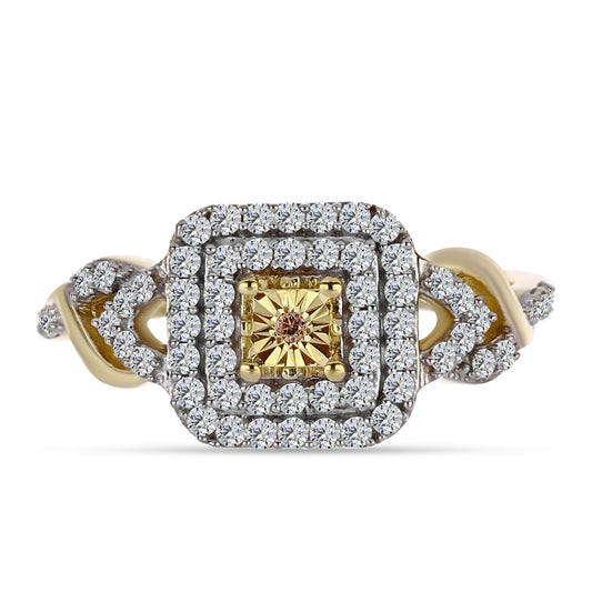 Anillo de Plata Bañada en Oro con Diamante Cognac y Topacio Blanco