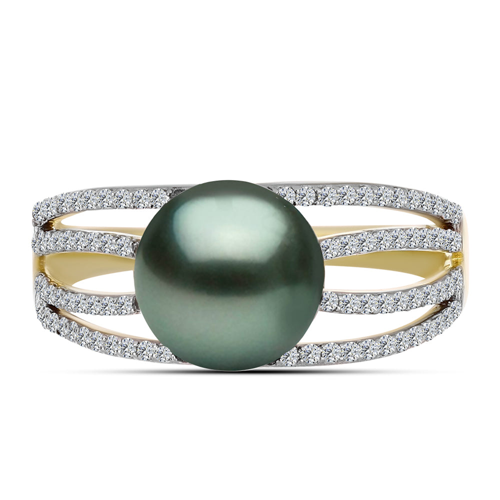 Anillo de Plata Bañada en Oro con Perla de río Tahiti verde ilusión y Topacio Blanco