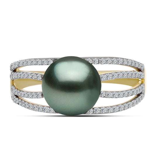 Anillo de Plata Bañada en Oro con Perla de río Tahiti verde ilusión y Topacio Blanco