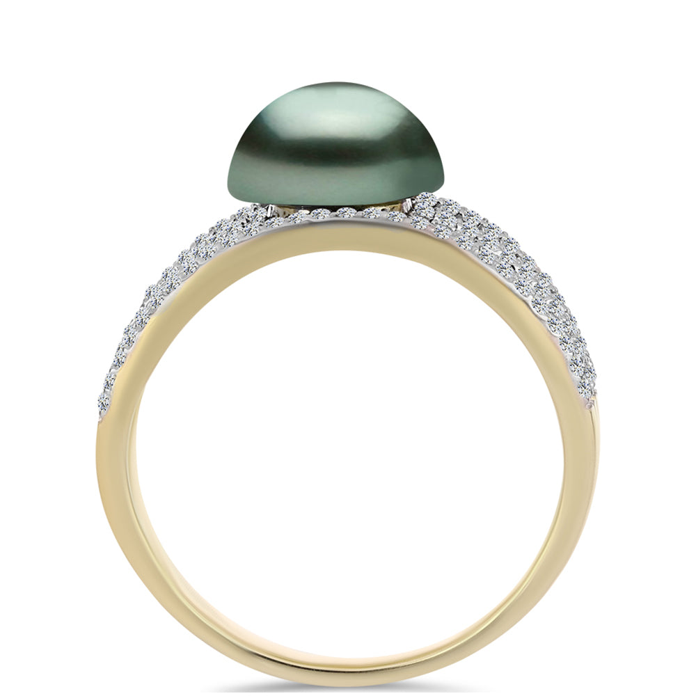 Anillo de Plata Bañada en Oro con Perla de río Tahiti verde ilusión y Topacio Blanco 2 