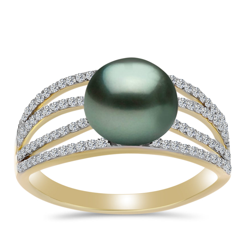 Anillo de Plata Bañada en Oro con Perla de río Tahiti verde ilusión y Topacio Blanco 3 