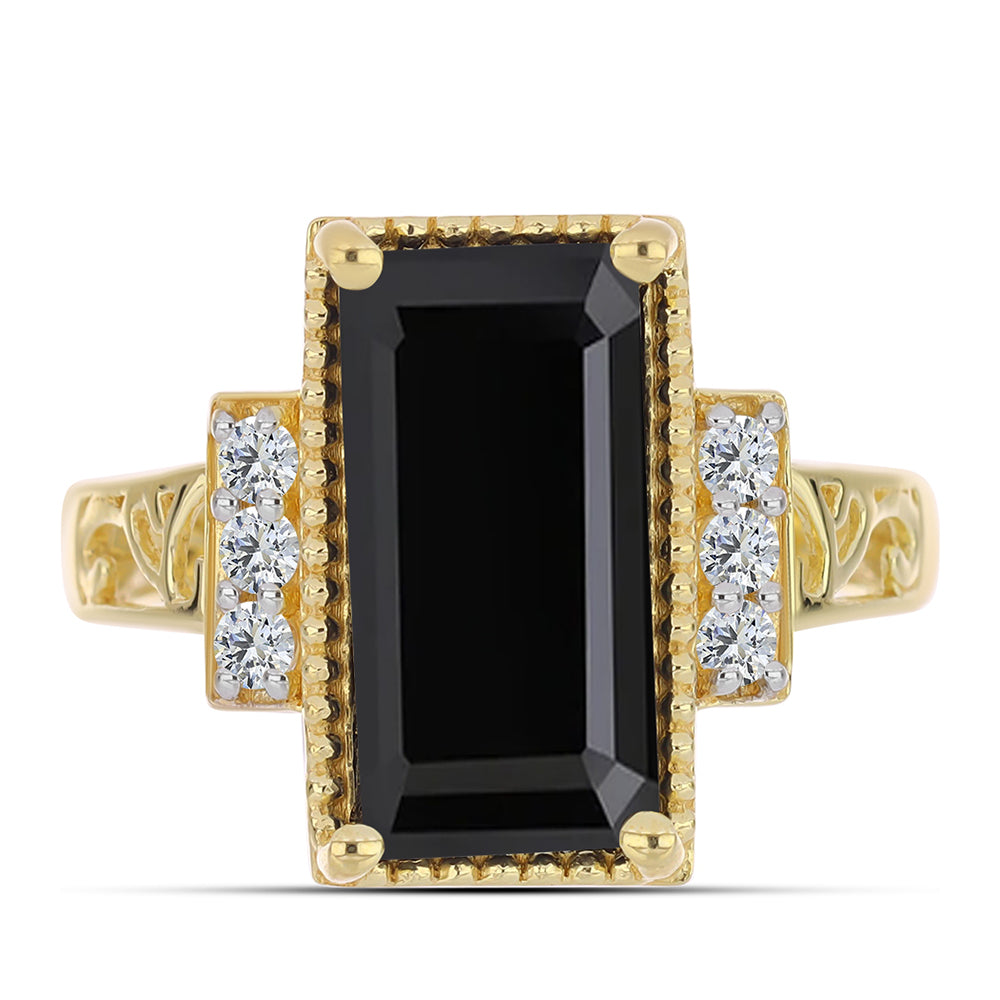 Anillo de Plata Bañada en Oro con Ónix Negro y Topacio Blanco 1 