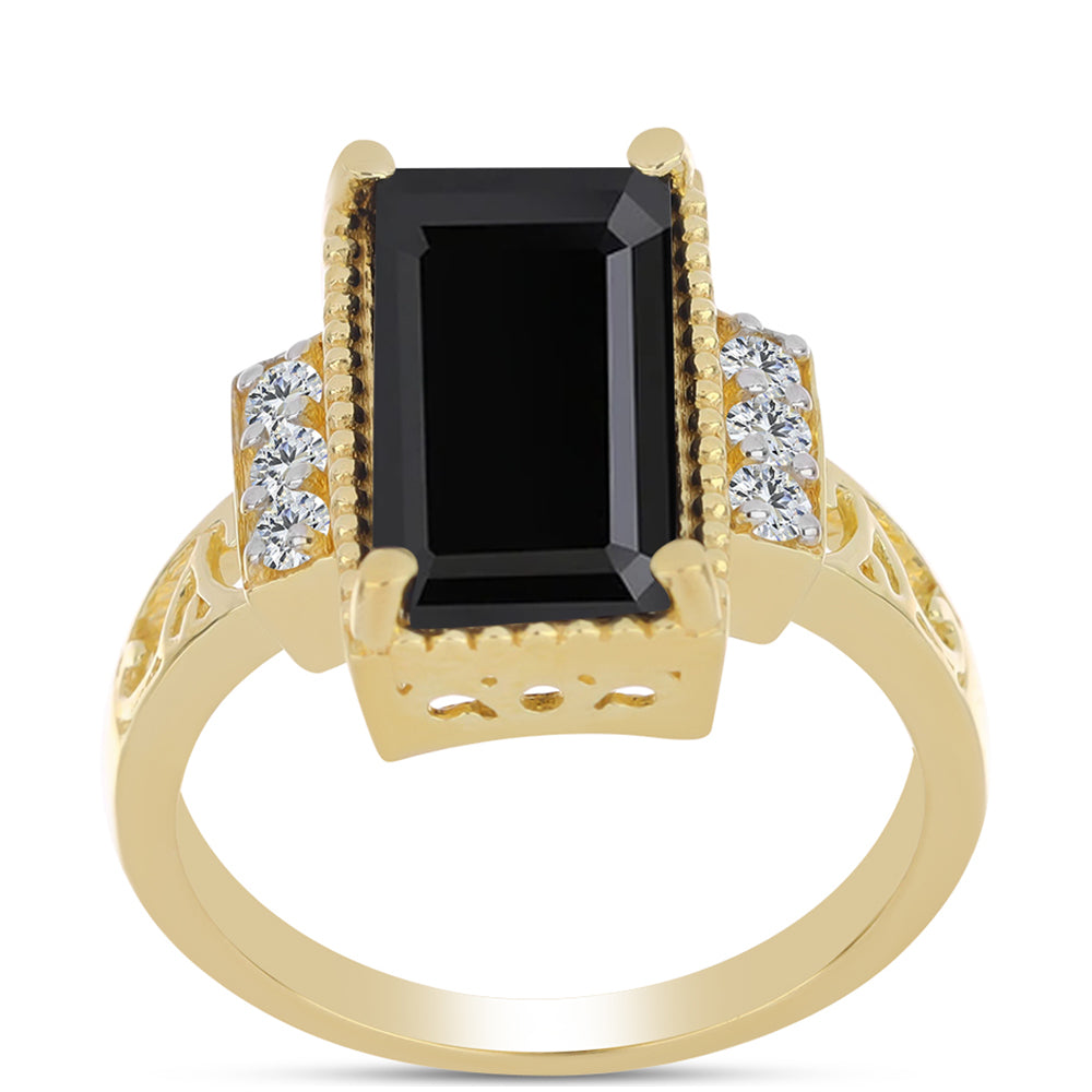 Anillo de Plata Bañada en Oro con Ónix Negro y Topacio Blanco