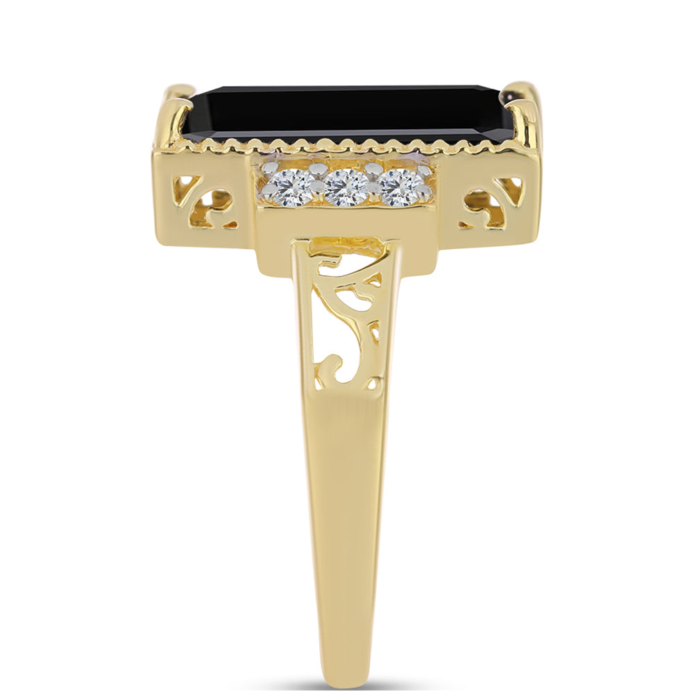 Anillo de Plata Bañada en Oro con Ónix Negro y Topacio Blanco