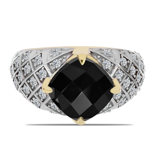 Anillo de Plata Bañada en Oro con Ónix Negro y Topacio Blanco