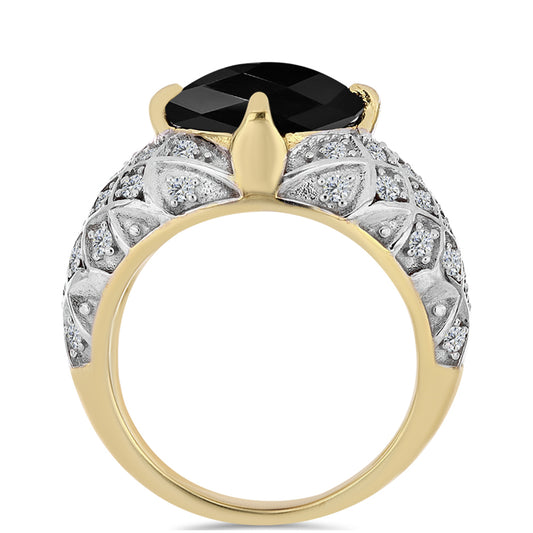 Anillo de Plata Bañada en Oro con Ónix Negro y Topacio Blanco