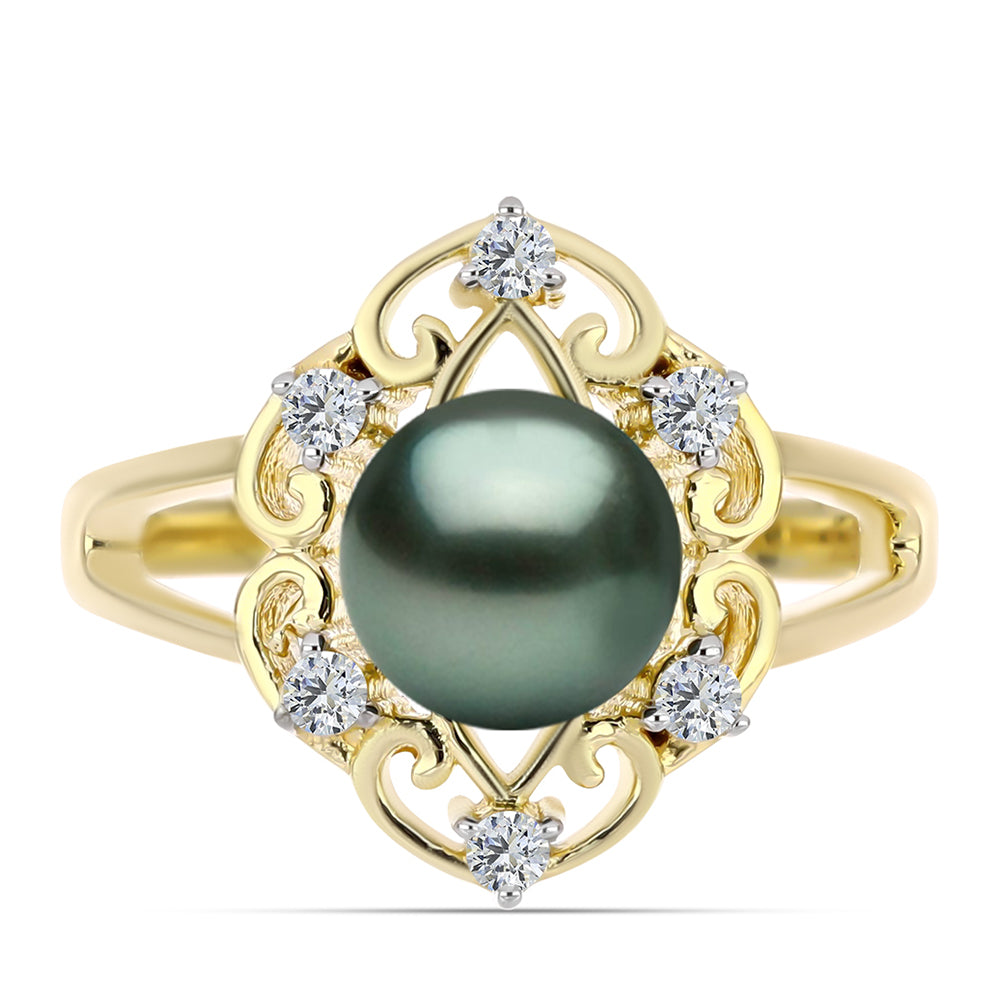 Anillo de Plata Bañada en Oro con Perla de río Tahiti verde ilusión y Topacio Blanco