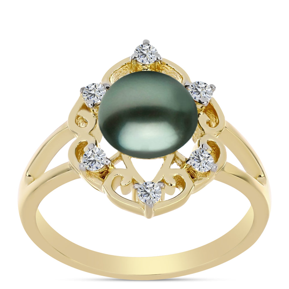 Anillo de Plata Bañada en Oro con Perla de río Tahiti verde ilusión y Topacio Blanco 3 