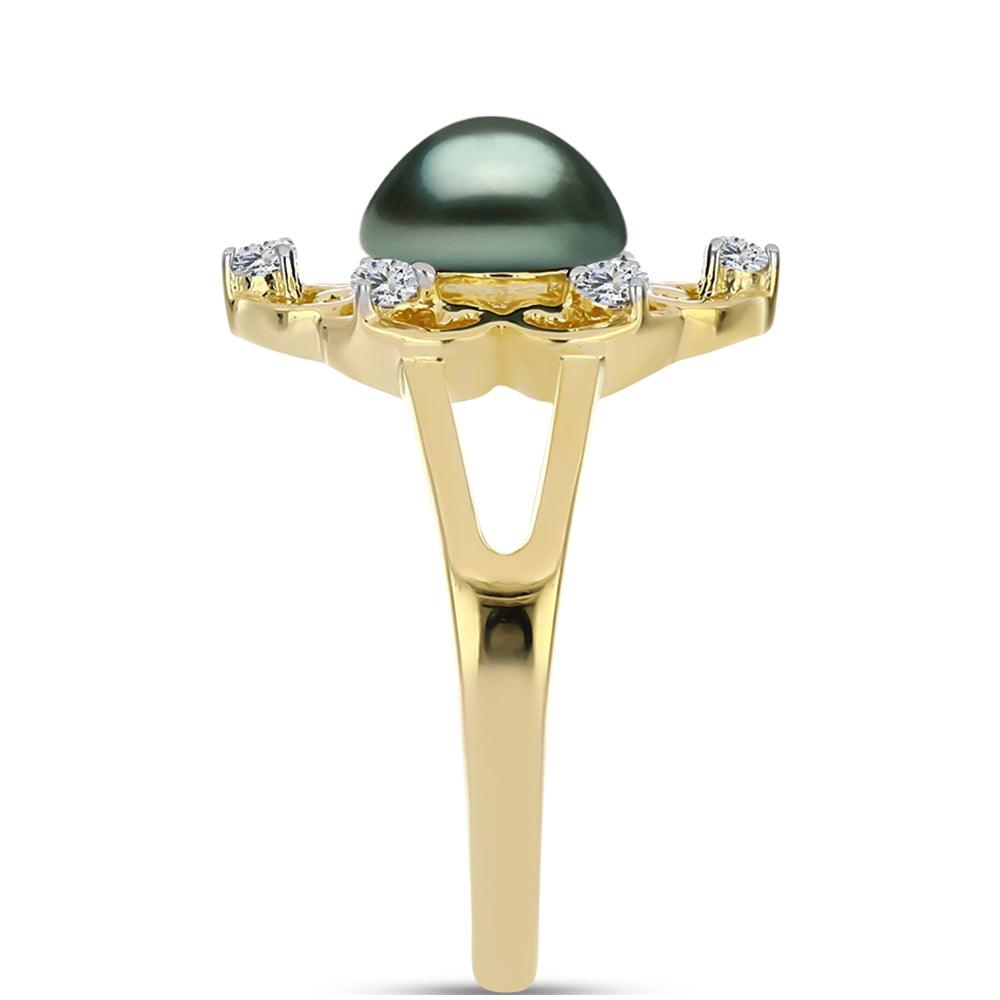 Anillo de Plata Bañada en Oro con Perla de río Tahiti verde ilusión y Topacio Blanco 4 