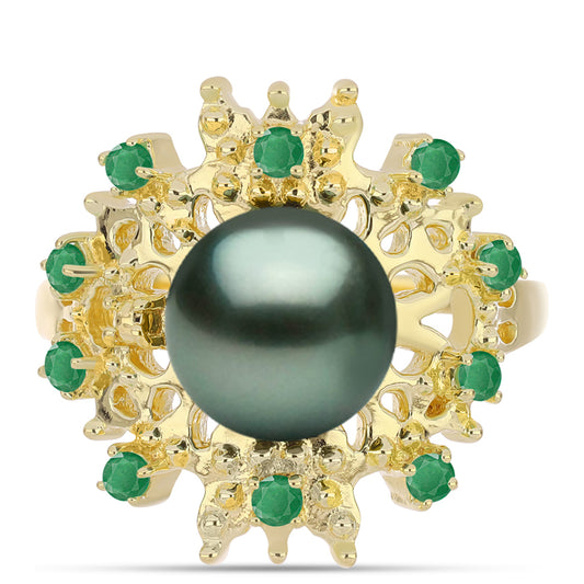 Anillo de Plata Bañada en Oro con Perla de río Tahiti verde ilusión y Esmeralda de Brasil