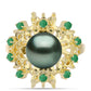 Anillo de Plata Bañada en Oro con Perla de río Tahiti verde ilusión y Esmeralda de Brasil